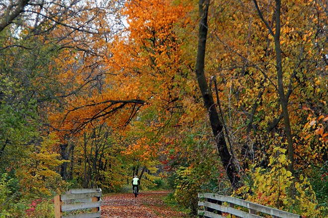 The Oak Leaf Trail in Franklin, Wisconsin, features the southern section of the Root River Line and the Drexel Connector, providing scenic, paved multi-use paths through county parks and riparian corridors.